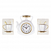 3129+2-001 Комплект, часы настенные чайник 27х28,5 см+2 чашки, корпус белый с золотом "Классика"
