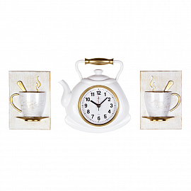 wf 3129+2-001 Комплект, часы настенные чайник 27х28,5 см+2 чашки, корпус белый с золотом "Классика"