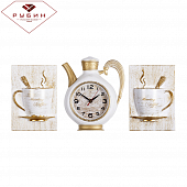 2622+2-002 Комплект, часы настенные чайник 26,5х24см+2 чашки, корпус белый с золотом "Классика"