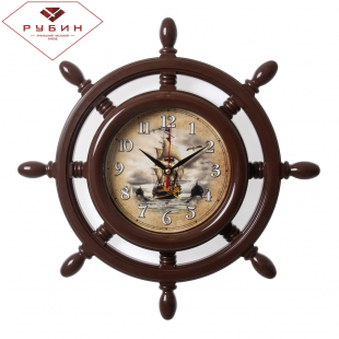 3615-102 Часы настенные штурвал d=15см, корпус коричневый "Корабль и дельфины"
