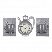 2622+2-006 Комплект, часы настенные чайник 26,5х24см+2 чашки, корпус серый с серебром "Классика"