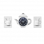 3530+2-001W Комплект, часы настенные чайник 29х34см+2 чашки, корпус белый с серебром "Классика"