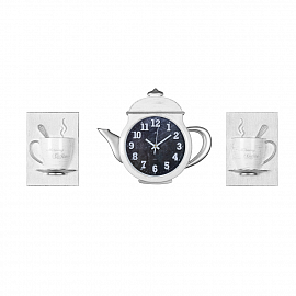 wf 3530+2-001W Комплект, часы настенные чайник 29х34см+2 чашки, корпус белый с серебром "Классика"