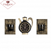 2622+2-003 Комплект, часы настенные чайник 26,5х24см+2 чашки, корпус черный с золотом "Gold"
