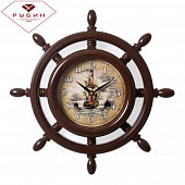 3615-102 Часы настенные штурвал d=15см, корпус коричневый "Корабль и дельфины"